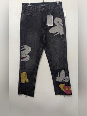 NWT Disney Mickey Mouse Black Straight-Leg Cropped Jeans with Character Size 38